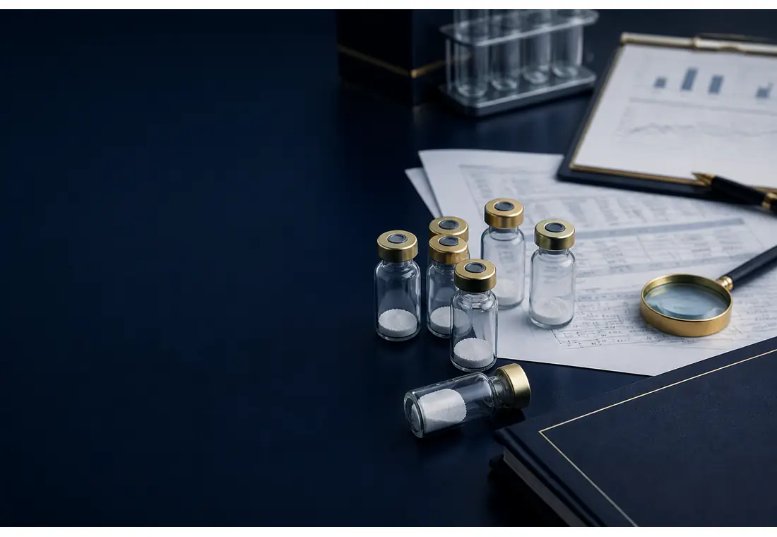 Research peptide vials with batch documentation package visual for SULAN landing page
