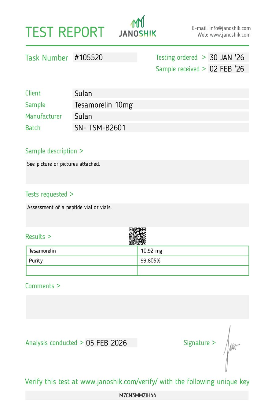 Janoshik third-party test report snapshot for SULAN peptide batch proof