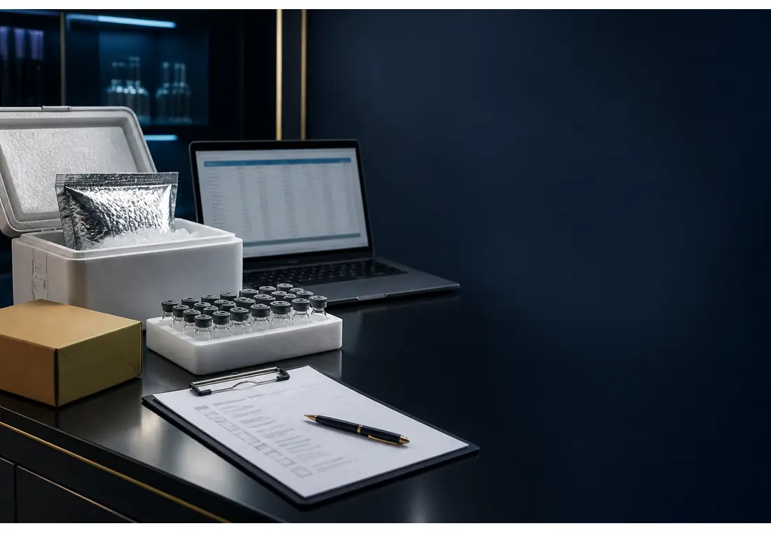 Research peptide wholesale packaging and export workflow visual for SULAN landing page